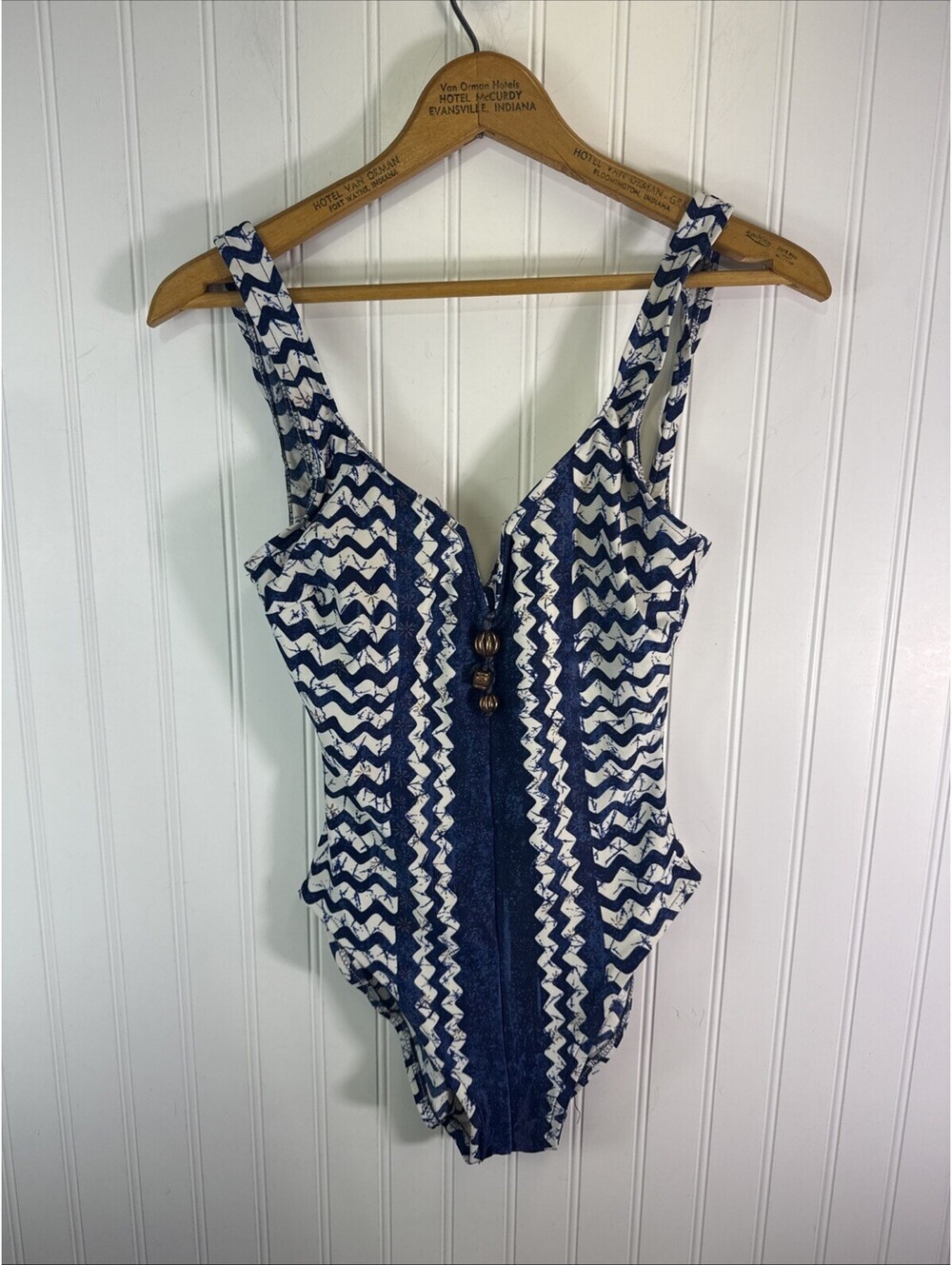 Cole of California Vintage 80s One Piece Swimsuit Chevron Blue Gold Accents USA